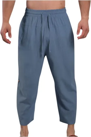Men's Cotton Linen Capri Pants Drawstring Elastic Waist Casual Lightweight Loose Fit Summer Fall Beach Sports Pants