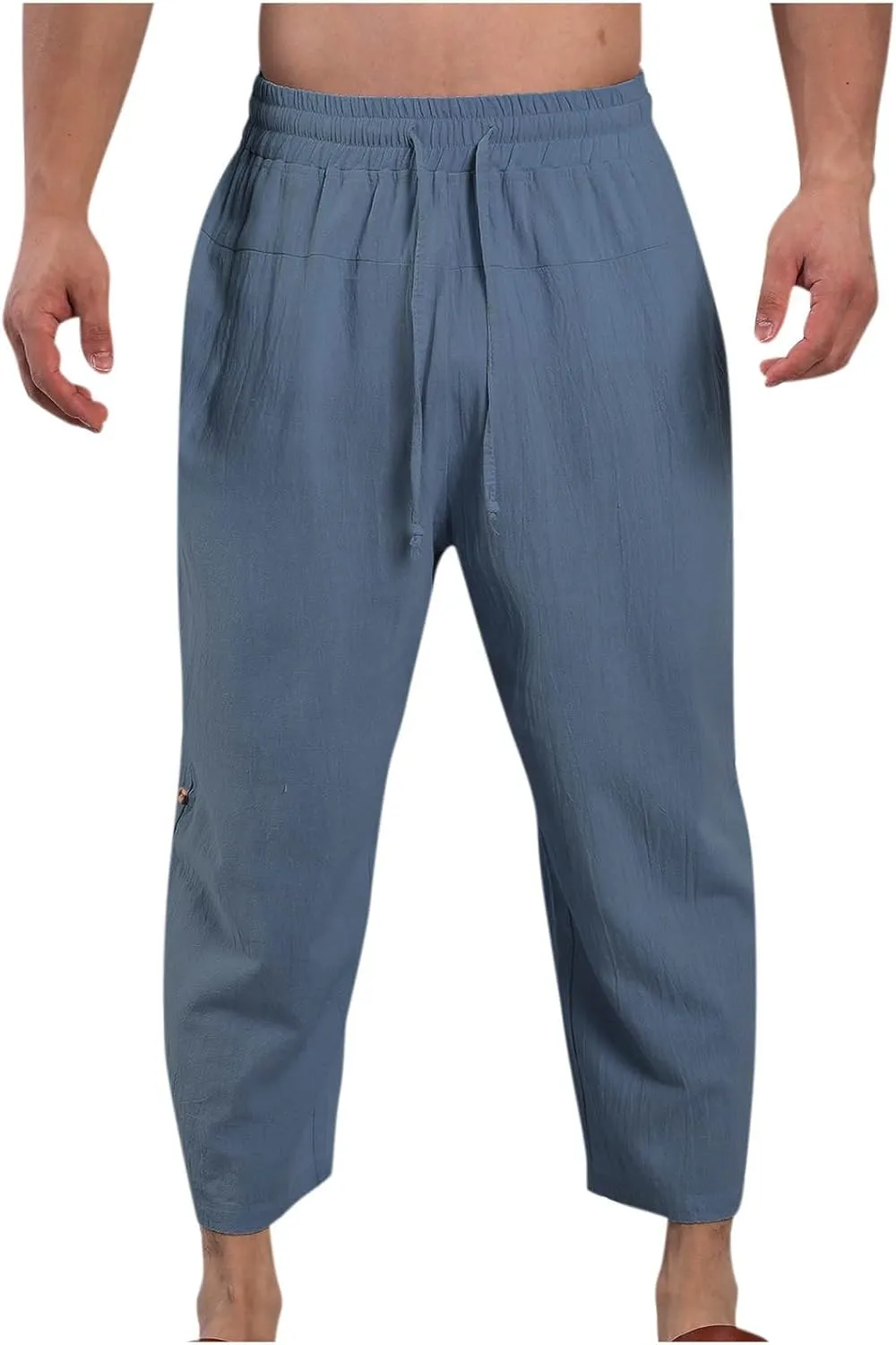 Men's Cotton Linen Capri Pants Drawstring Elastic Waist Casual Lightweight Loose Fit Summer Fall Beach Sports Pants