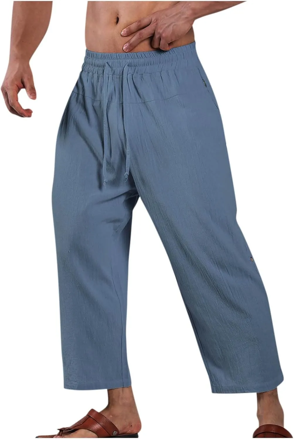 Men's Cotton Linen Capri Pants Drawstring Elastic Waist Casual Lightweight Loose Fit Summer Fall Beach Sports Pants