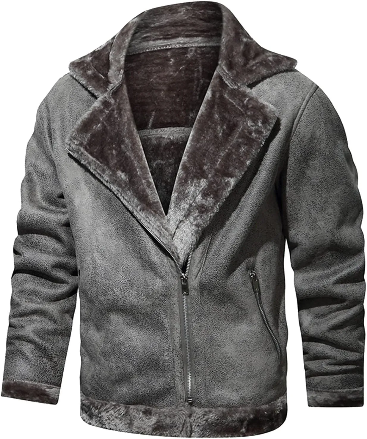 Men's Faux Leather Suede Jacket Bomber Retro Winter Heavyweight Fleece Lined Coat Warm Sherpa Shearling Cozy Thermal Jackets
