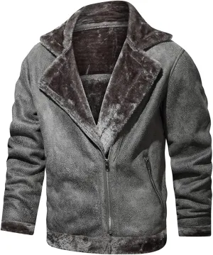 Men's Faux Leather Suede Jacket Bomber Retro Winter Heavyweight Fleece Lined Coat Warm Sherpa Shearling Cozy Thermal Jackets