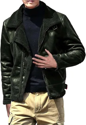 Mens Fleece Lined Jacket Faux Motorcycle Leather Jackets Winter Warm Jacket Coats Vintage Lapel Puffer Coats