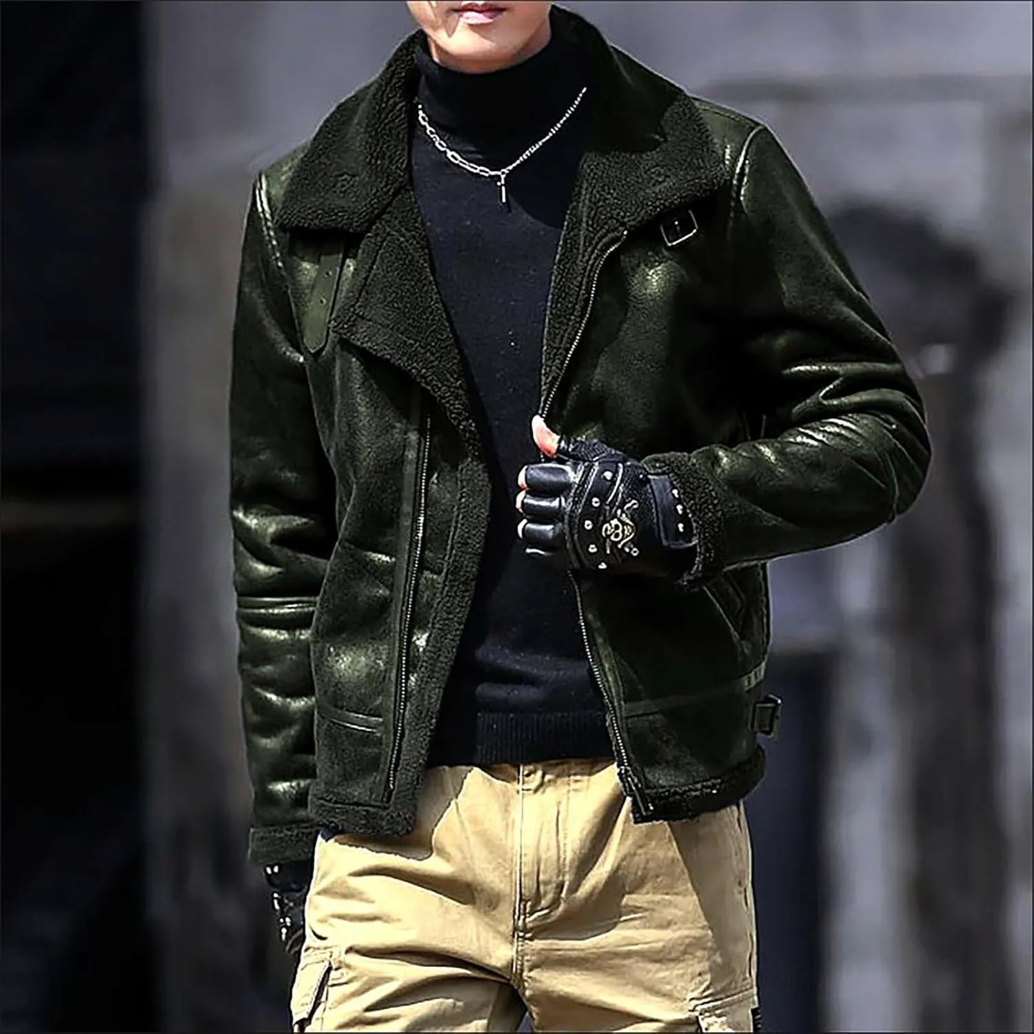 Mens Fleece Lined Jacket Faux Motorcycle Leather Jackets Winter Warm Jacket Coats Vintage Lapel Puffer Coats
