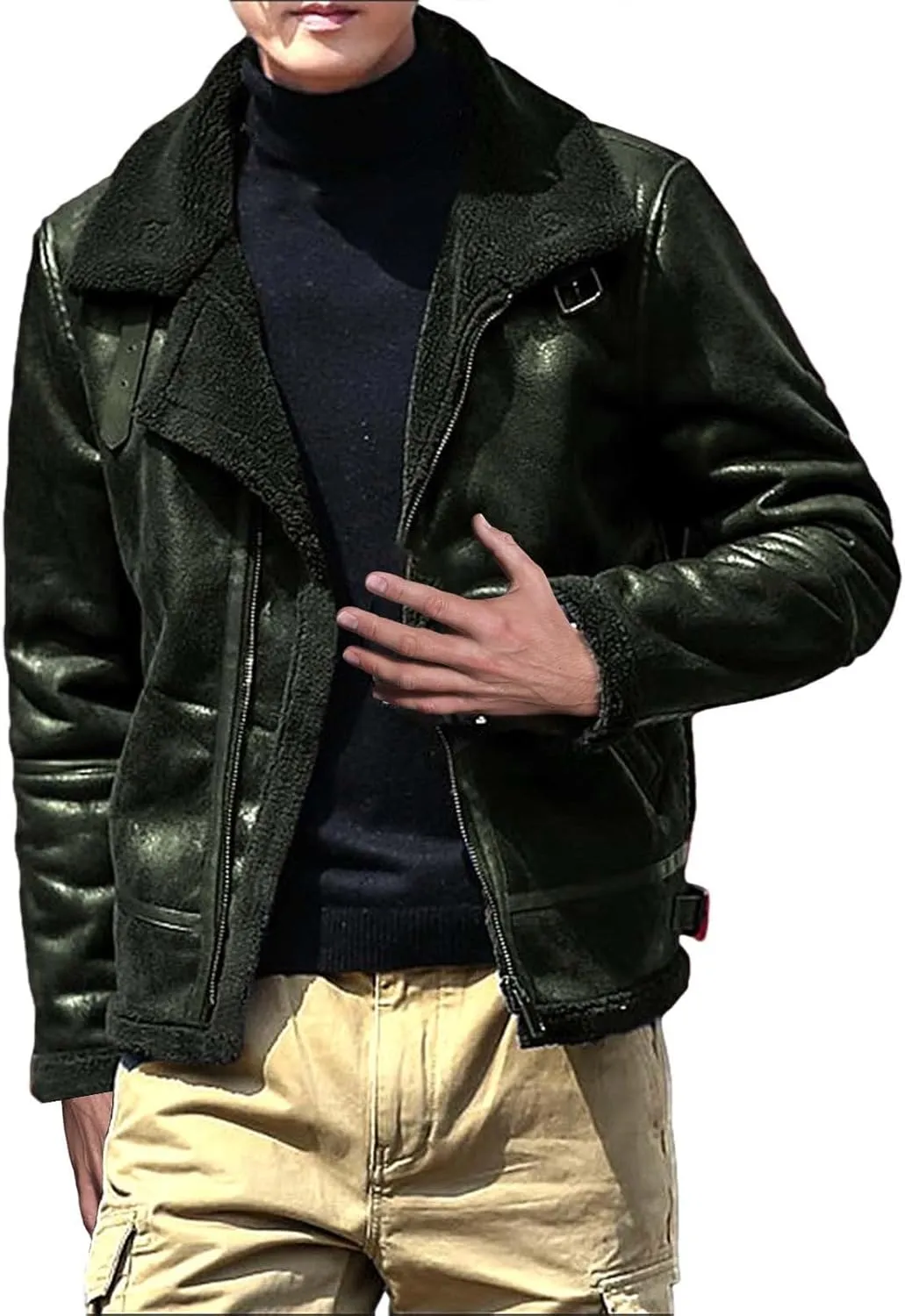 Mens Fleece Lined Jacket Faux Motorcycle Leather Jackets Winter Warm Jacket Coats Vintage Lapel Puffer Coats