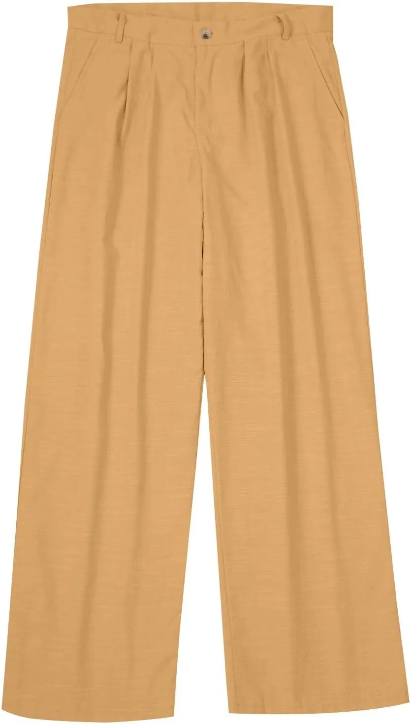 Mens Linen Casual Pants Plain Beach Vacation Pants Elastic Waist Lightweight Loose Pleated Slacks Summer Trousers