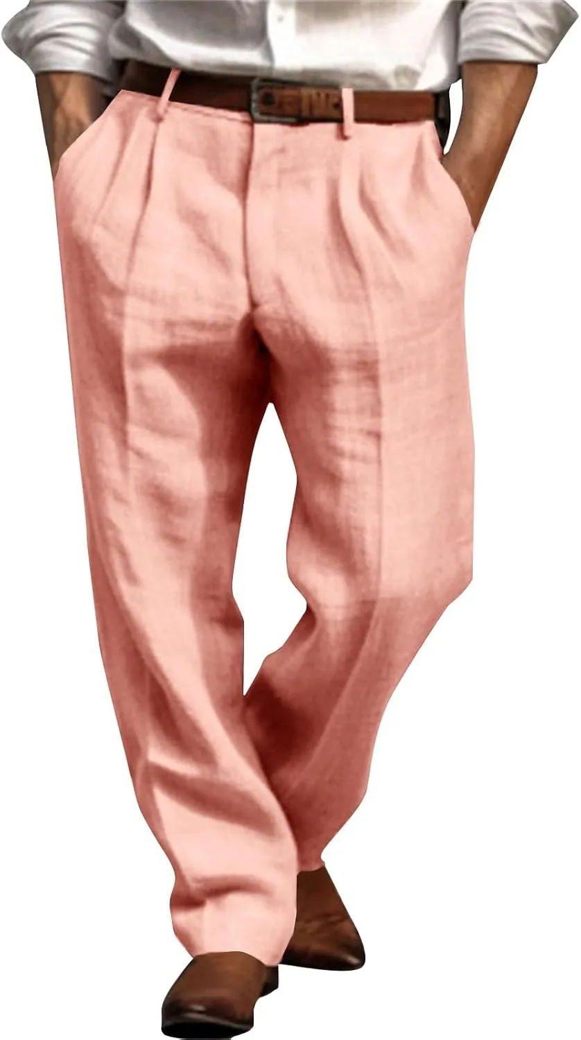 Mens Linen Casual Pants Plain Beach Vacation Pants Elastic Waist Lightweight Loose Pleated Slacks Summer Trousers