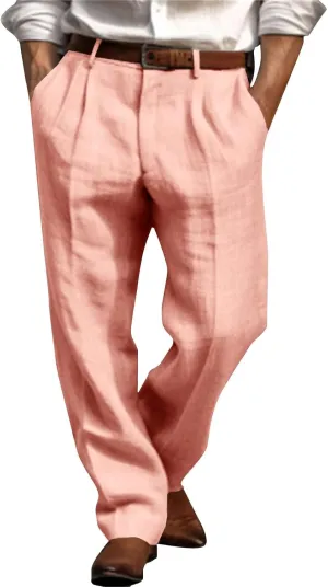 Mens Linen Casual Pants Plain Beach Vacation Pants Elastic Waist Lightweight Loose Pleated Slacks Summer Trousers