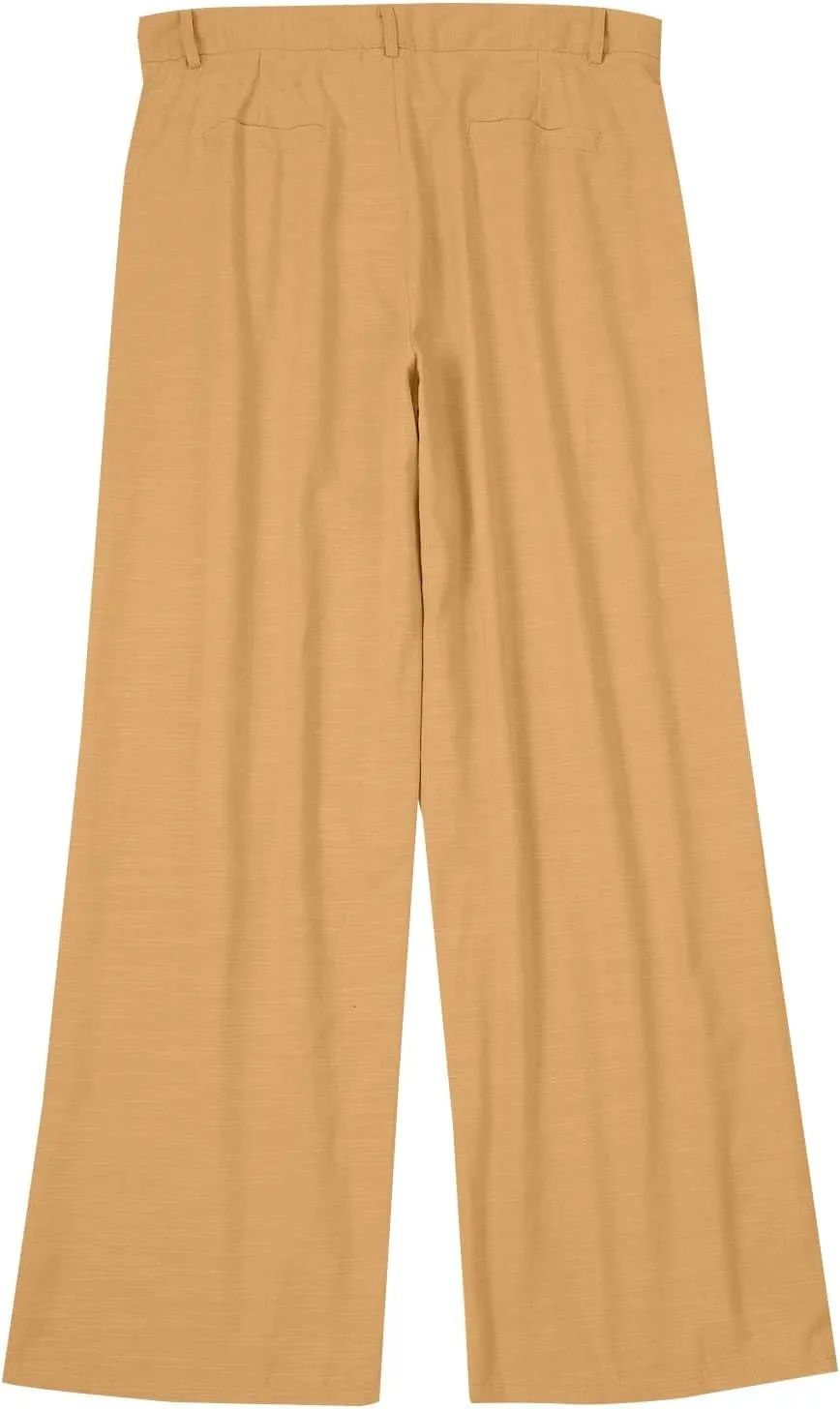 Mens Linen Casual Pants Plain Beach Vacation Pants Elastic Waist Lightweight Loose Pleated Slacks Summer Trousers