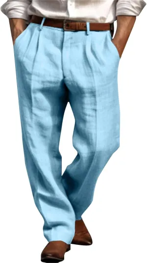 Mens Linen Casual Pants Plain Beach Vacation Pants Elastic Waist Lightweight Loose Pleated Slacks Summer Trousers
