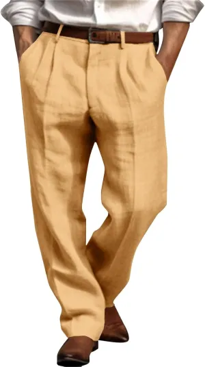 Mens Linen Casual Pants Plain Beach Vacation Pants Elastic Waist Lightweight Loose Pleated Slacks Summer Trousers