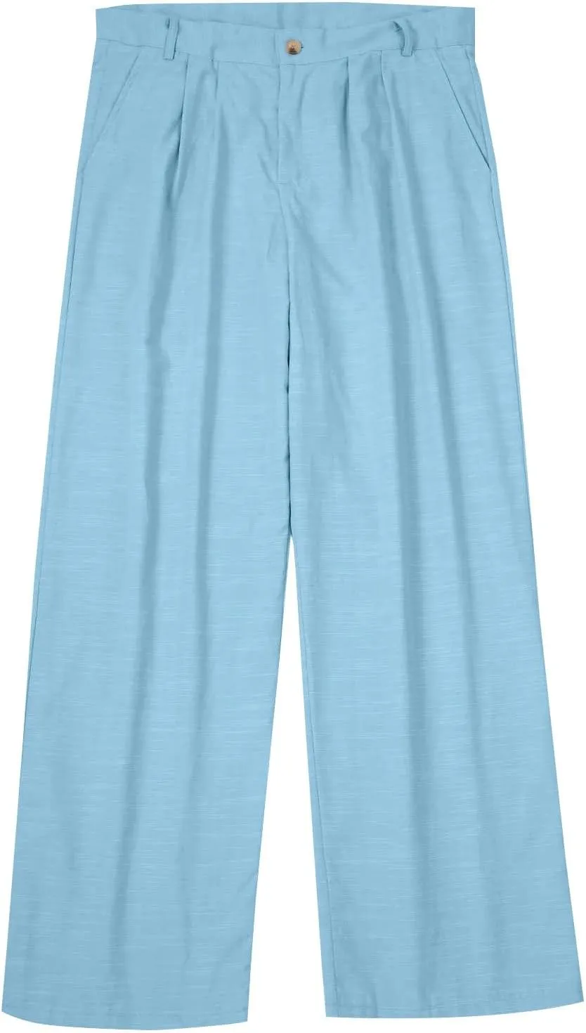 Mens Linen Casual Pants Plain Beach Vacation Pants Elastic Waist Lightweight Loose Pleated Slacks Summer Trousers