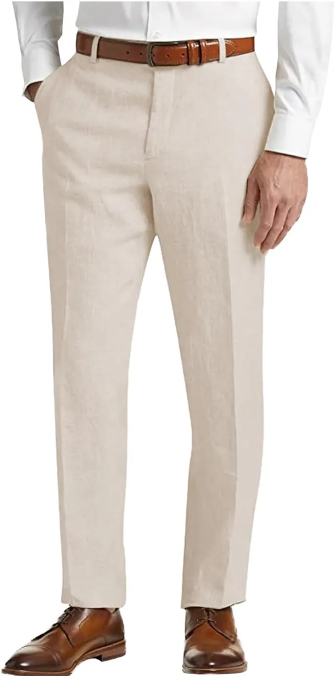 Men's Linen Pants Lightweight Classic Regular Fit Elastic Waist Dress Suit Pants for Men Spring Summer