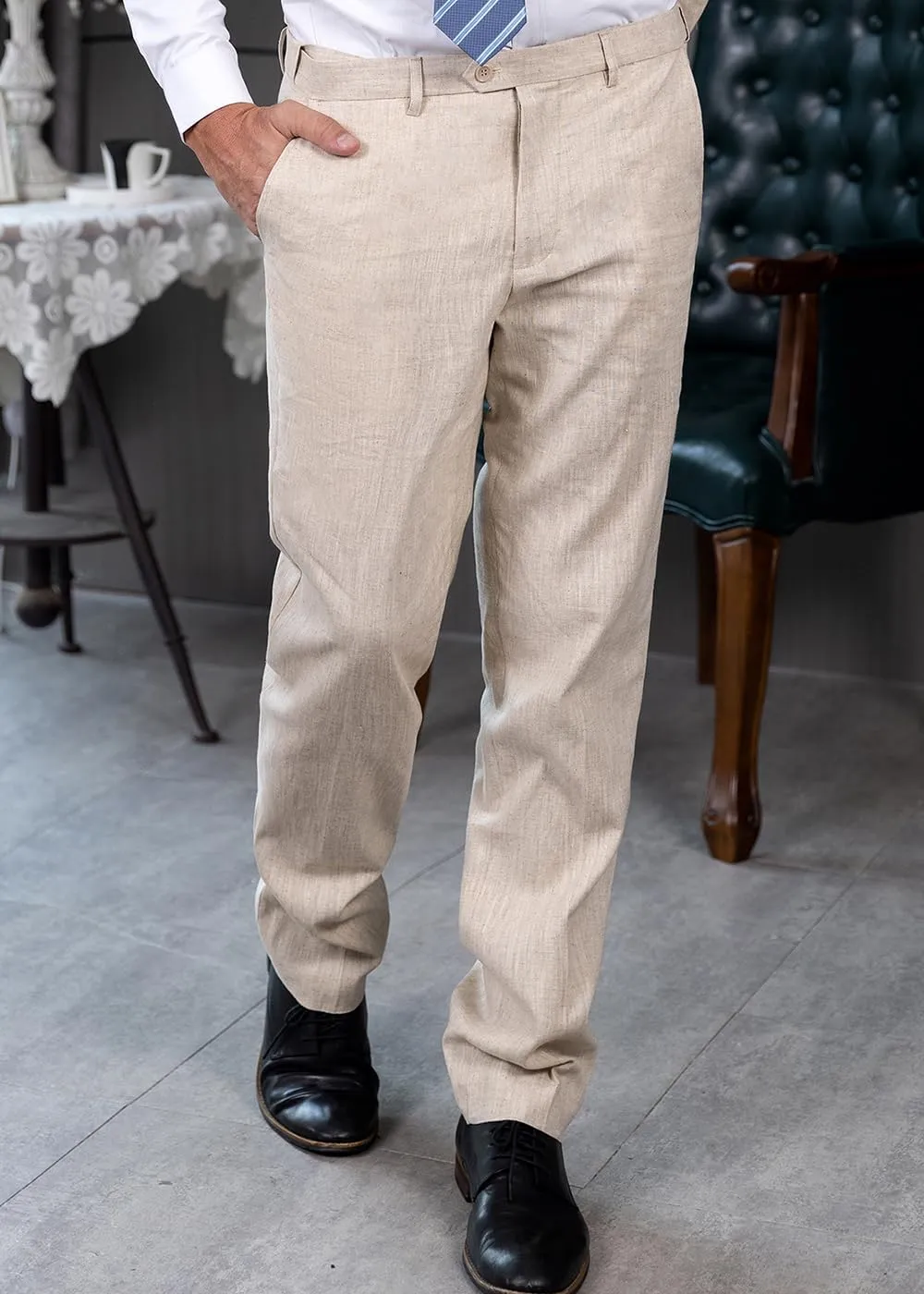 Men's Linen Pants Lightweight Classic Regular Fit Elastic Waist Dress Suit Pants for Men Spring Summer