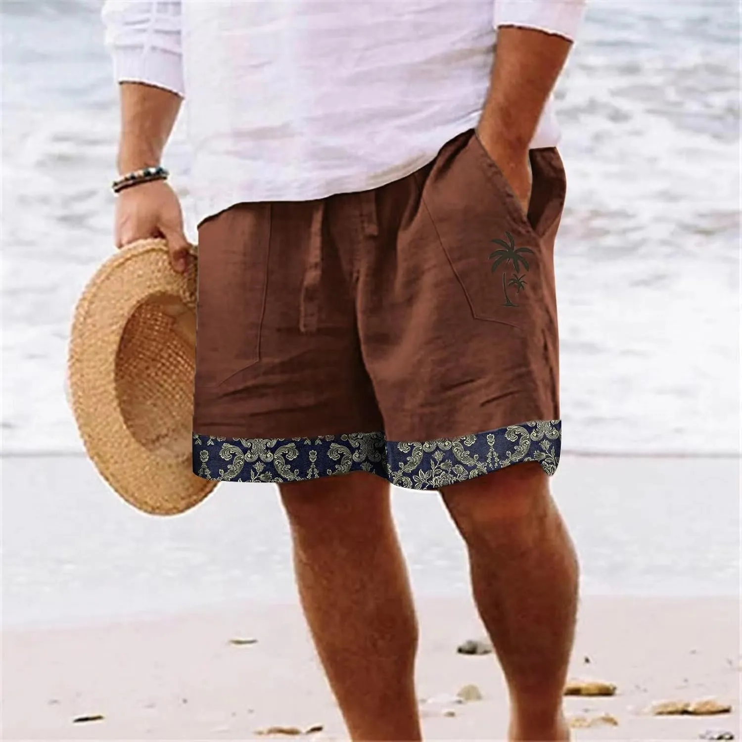 Men's Linen Shorts Casual Elastic Waist Drawstring Palm Tree Print Summer Beach Vacation Golf Shorts with Pockets