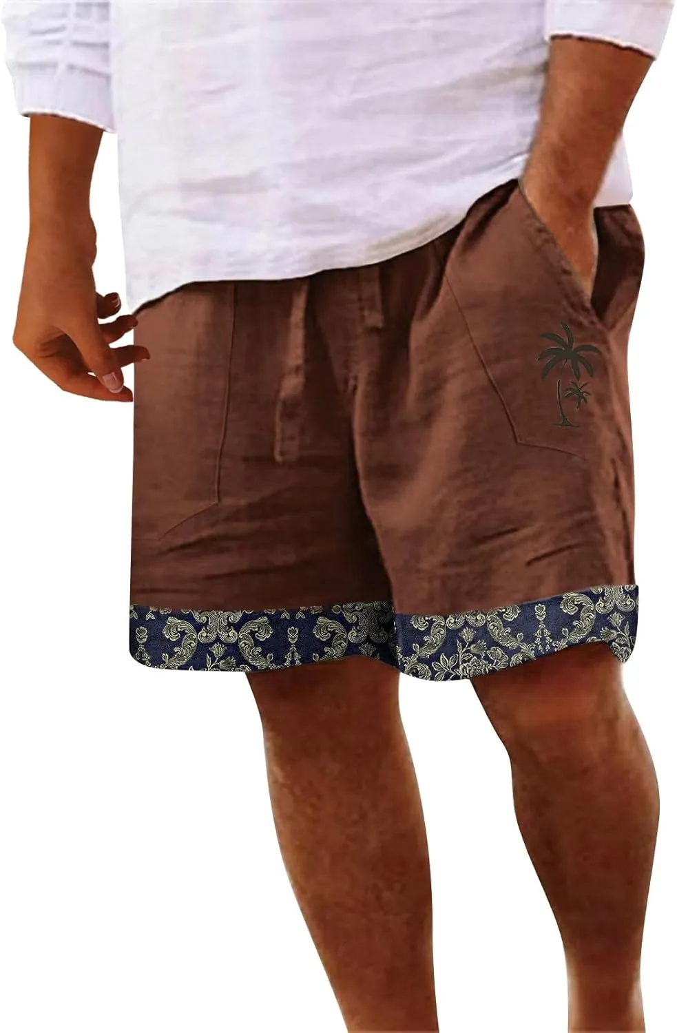 Men's Linen Shorts Casual Elastic Waist Drawstring Palm Tree Print Summer Beach Vacation Golf Shorts with Pockets