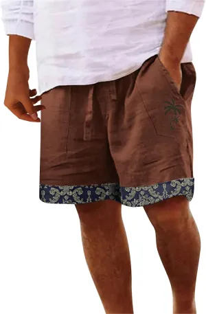 Men's Linen Shorts Casual Elastic Waist Drawstring Palm Tree Print Summer Beach Vacation Golf Shorts with Pockets