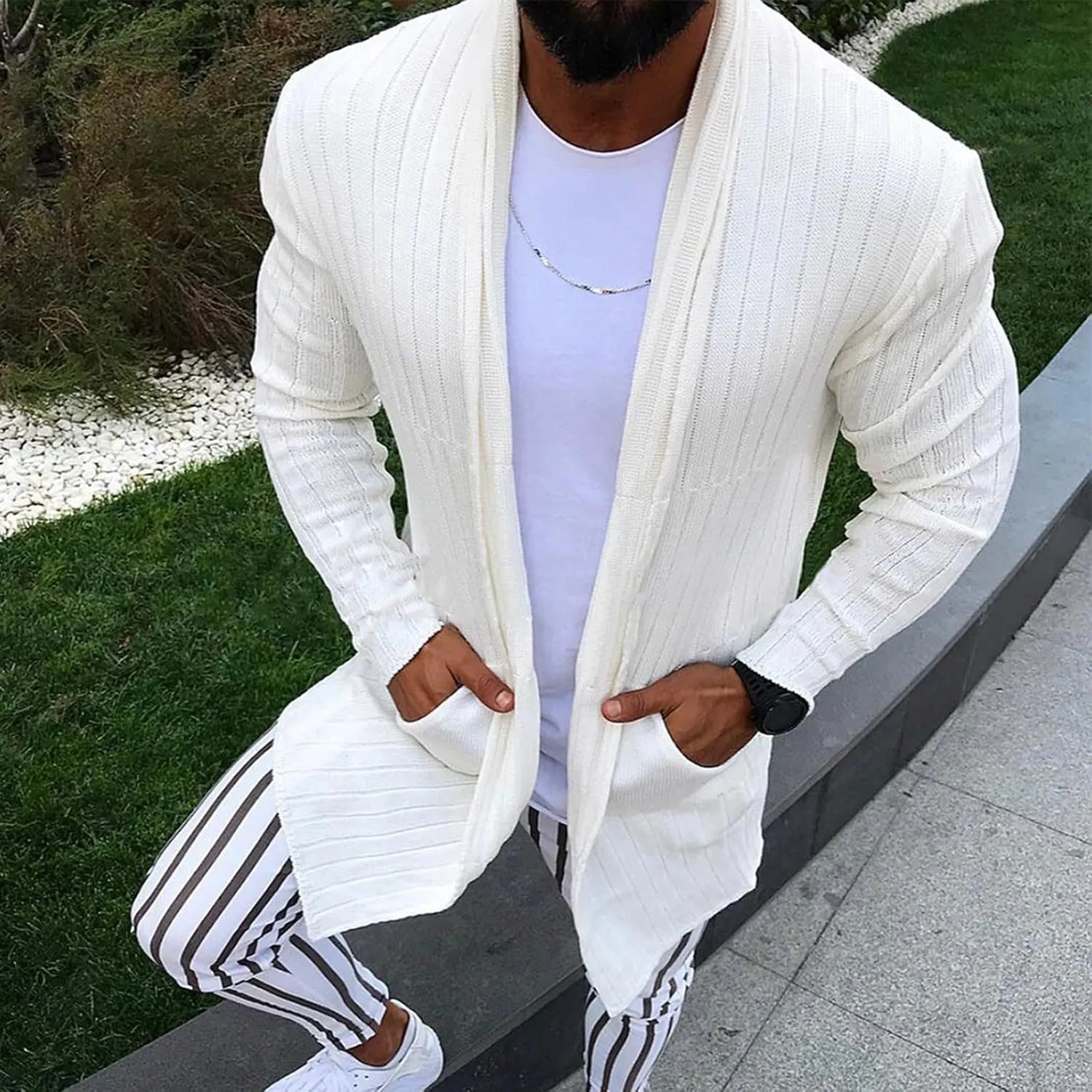 Men's Long Sleeve Cardigan Long Sleeve Shawl Button Down Cable Knit Coat Dinosaur Tail