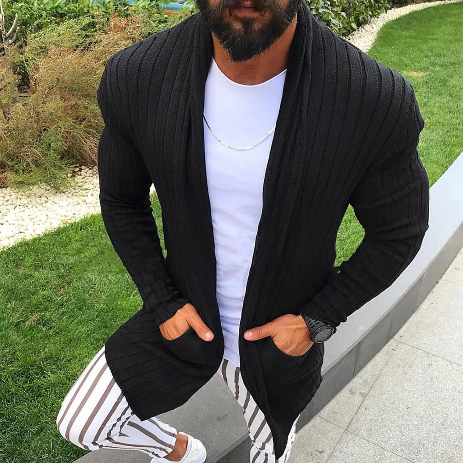 Men's Long Sleeve Cardigan Long Sleeve Shawl Button Down Cable Knit Coat Dinosaur Tail