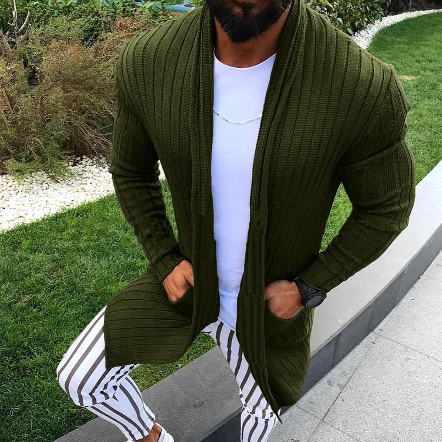 Men's Long Sleeve Cardigan Long Sleeve Shawl Button Down Cable Knit Coat Dinosaur Tail