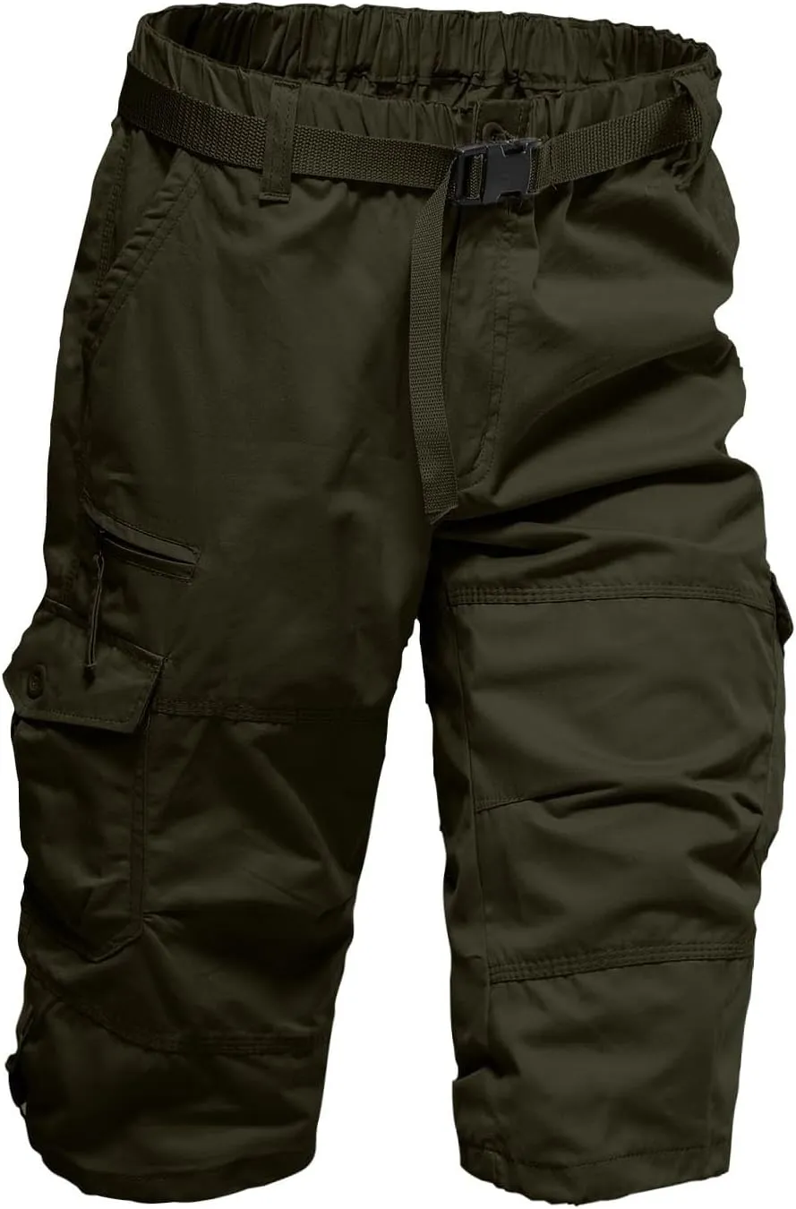 Mens Outdoor Cargo Capri Pants Relaxed Fit Multi-Pocket 3/4 Long Shorts Cotton Twill Beach Hiking Travel Shorts