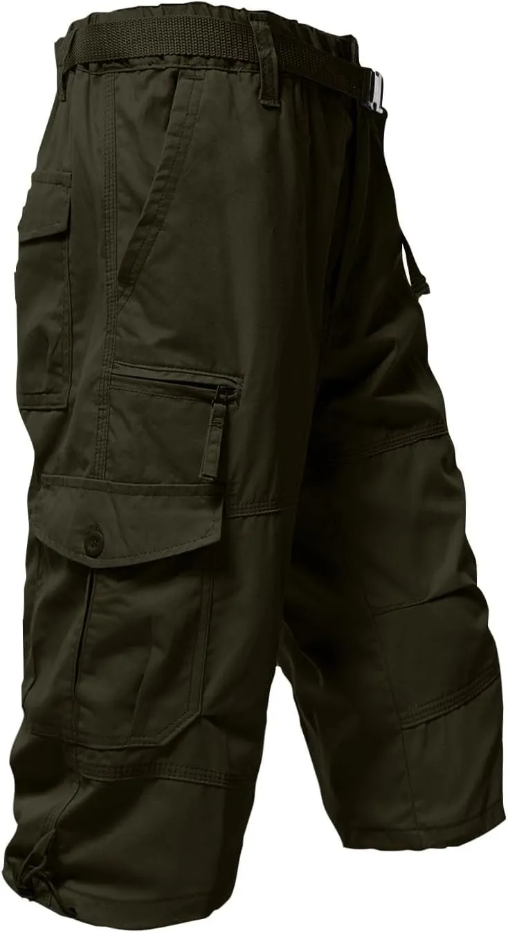 Mens Outdoor Cargo Capri Pants Relaxed Fit Multi-Pocket 3/4 Long Shorts Cotton Twill Beach Hiking Travel Shorts