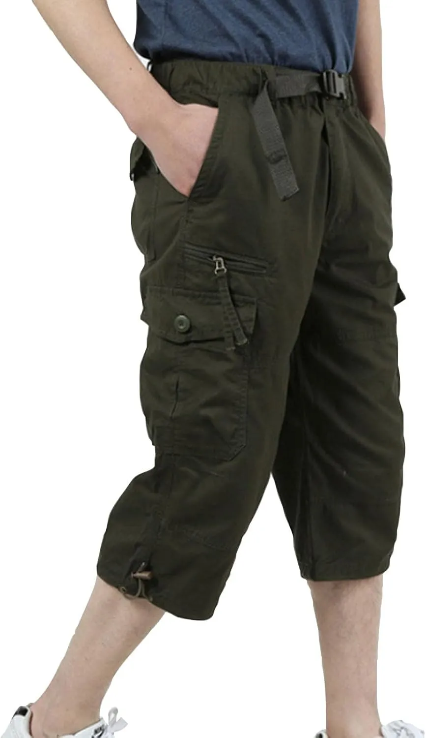 Mens Outdoor Cargo Capri Pants Relaxed Fit Multi-Pocket 3/4 Long Shorts Cotton Twill Beach Hiking Travel Shorts