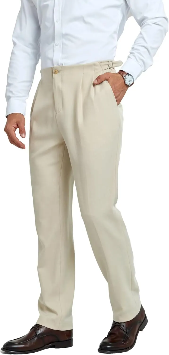 Mens Pleated Front Dress Pants Regular Fit Casual Slacks Elastic Waist Dress Pants