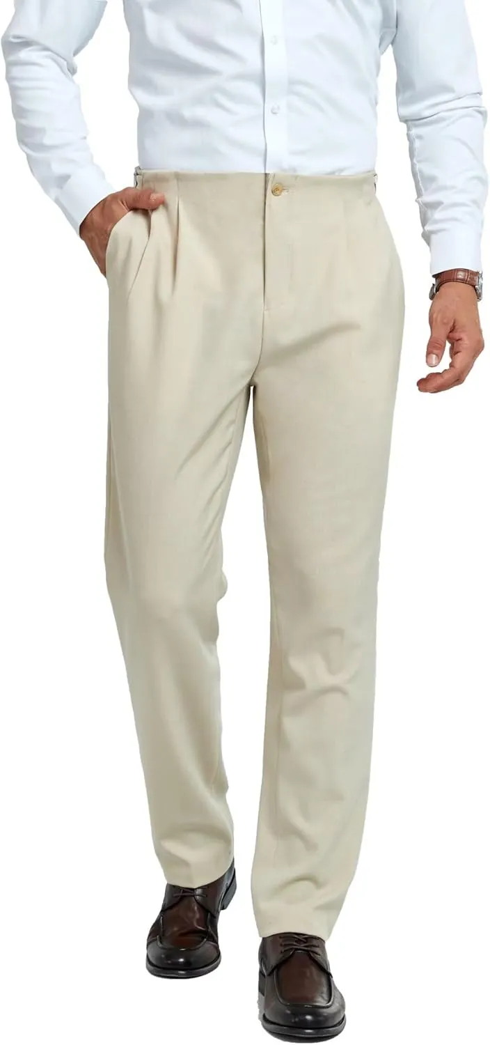 Mens Pleated Front Dress Pants Regular Fit Casual Slacks Elastic Waist Dress Pants