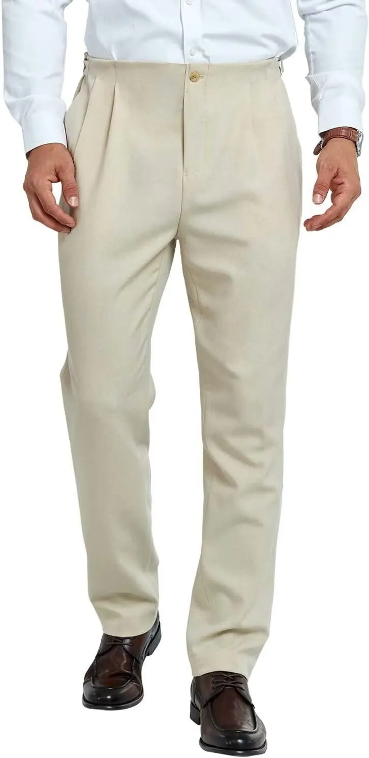Mens Pleated Front Dress Pants Regular Fit Casual Slacks Elastic Waist Dress Pants