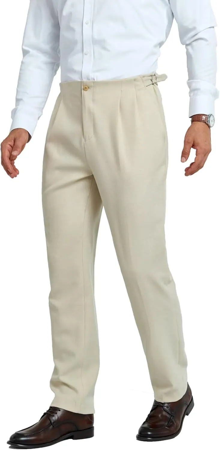 Mens Pleated Front Dress Pants Regular Fit Casual Slacks Elastic Waist Dress Pants