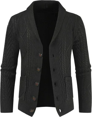 Men's Shawl Collar Cardigan Male Casual Long Sleeve Knit Coat Men Cable Slim Fit Button Down Sweater