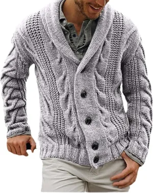 Men's Shawl Collar Cardigan Single Breasted Sweater Fashion Knit Plus Size Cable Knit Coat Winter Chunky Clothes