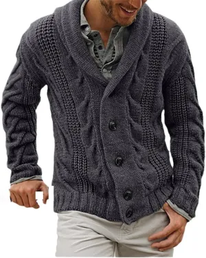 Men's Shawl Collar Cardigan Single Breasted Sweater Fashion Knit Plus Size Cable Knit Coat Winter Chunky Clothes