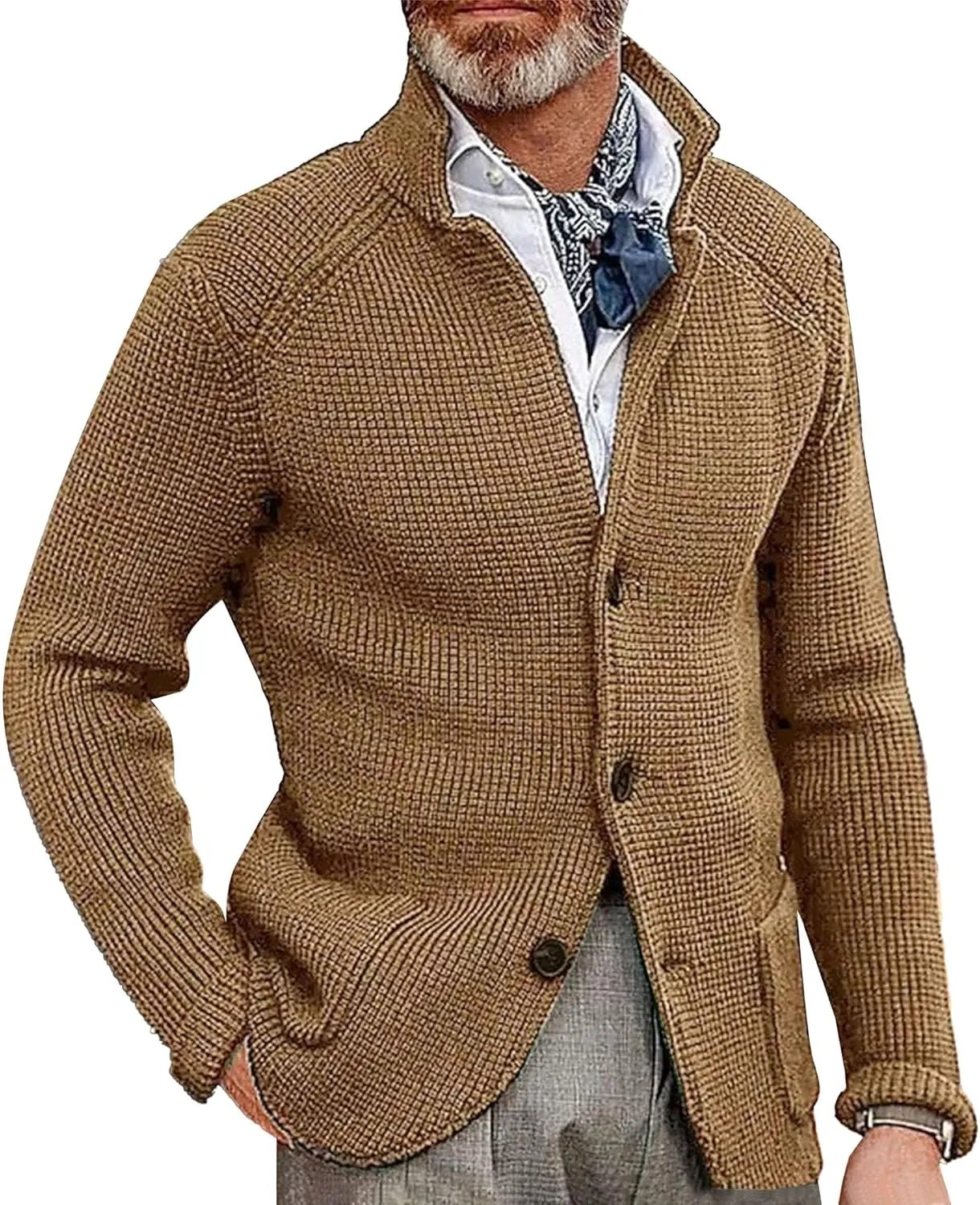 Men's Slim Fit Stand Collar Knit Coat Long Sleeve Button Down Cardigans Casual Knitted Sweaters Cardigan Jacket