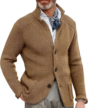 Men's Slim Fit Stand Collar Knit Coat Long Sleeve Button Down Cardigans Casual Knitted Sweaters Cardigan Jacket