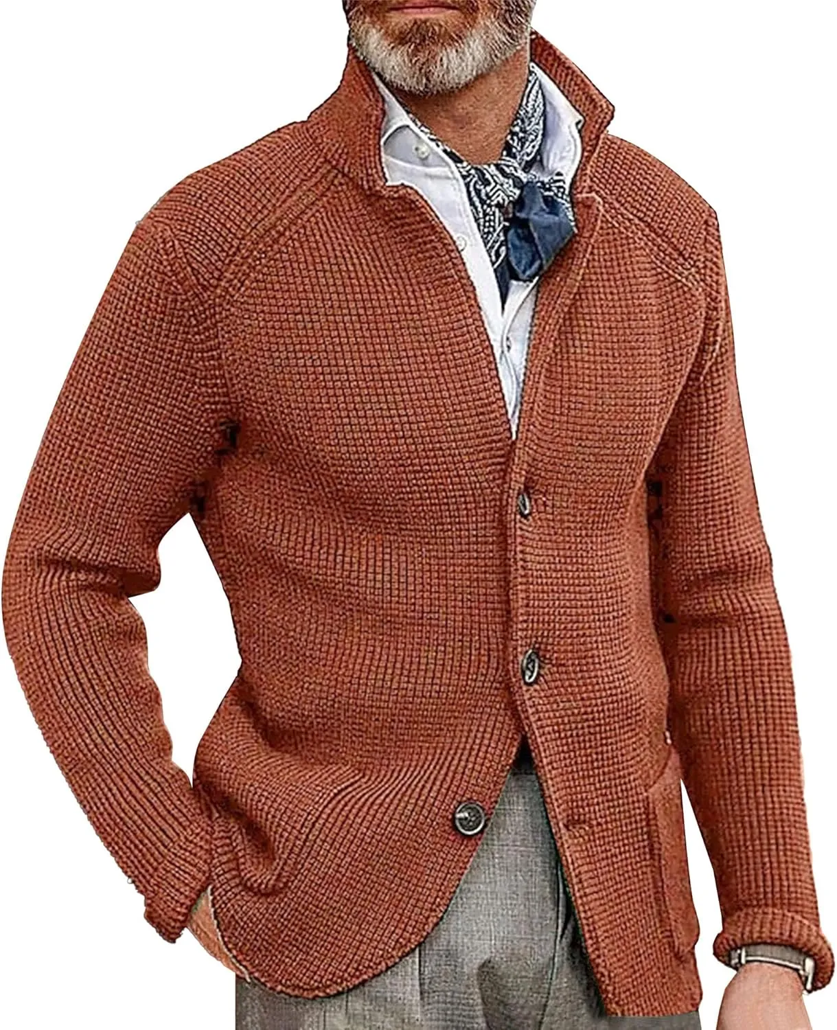 Men's Slim Fit Stand Collar Knit Coat Long Sleeve Button Down Cardigans Casual Knitted Sweaters Cardigan Jacket