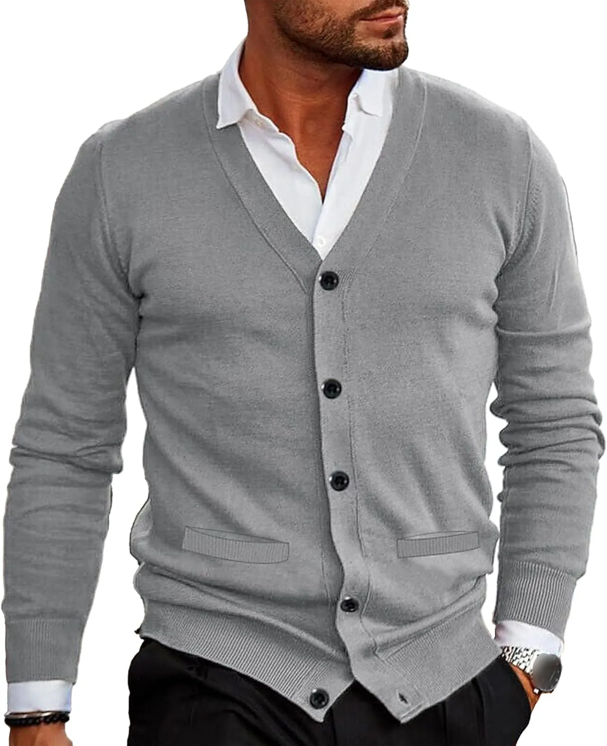 Men's V-Neck Cardigan Casual Slim Fit Long Sleeve Knit Coat Male Button Down Sweaters with Pockets