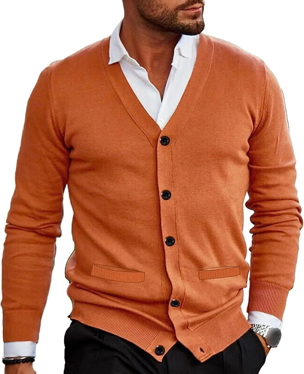 Men's V-Neck Cardigan Casual Slim Fit Long Sleeve Knit Coat Male Button Down Sweaters with Pockets