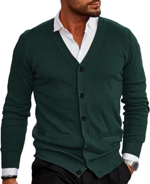 Men's V-Neck Cardigan Casual Slim Fit Long Sleeve Knit Coat Male Button Down Sweaters with Pockets