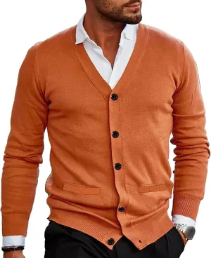 Men's V-Neck Cardigan Casual Slim Fit Long Sleeve Knit Coat Male Button Down Sweaters with Pockets