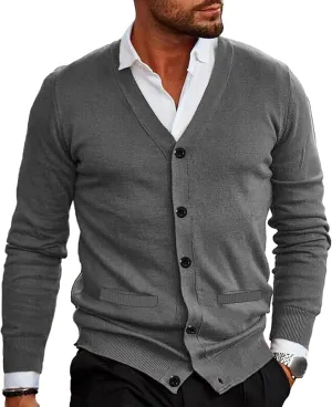 Men's V-Neck Cardigan Casual Slim Fit Long Sleeve Knit Coat Male Button Down Sweaters with Pockets