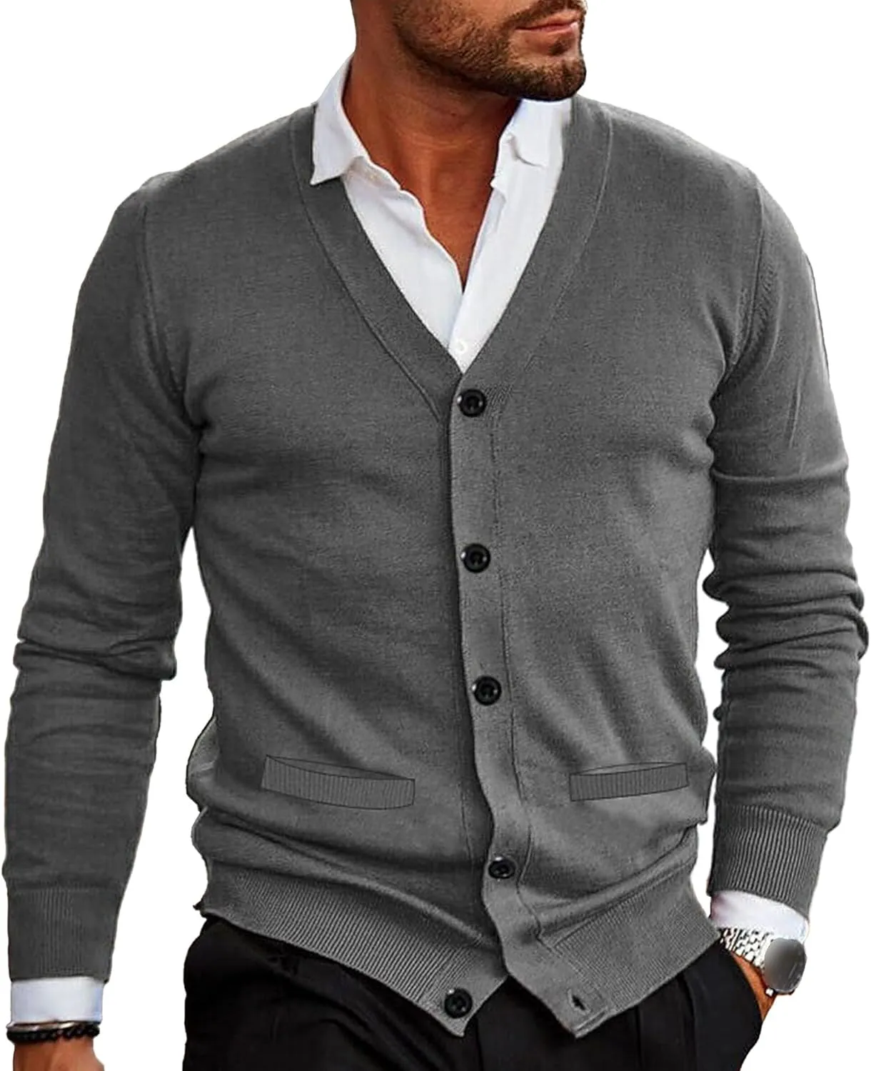 Men's V-Neck Cardigan Casual Slim Fit Long Sleeve Knit Coat Male Button Down Sweaters with Pockets