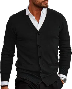 Men's V-Neck Cardigan Casual Slim Fit Long Sleeve Knit Coat Male Button Down Sweaters with Pockets