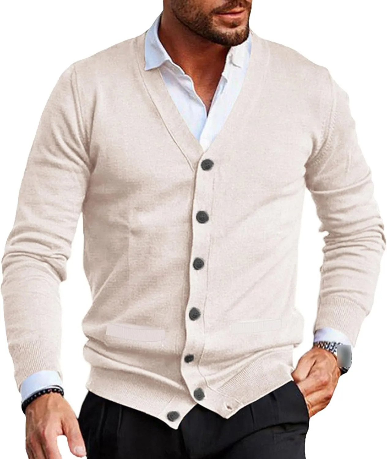 Men's V-Neck Cardigan Casual Slim Fit Long Sleeve Knit Coat Male Button Down Sweaters with Pockets