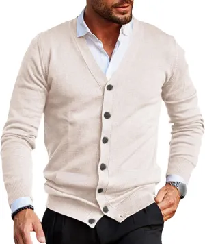 Men's V-Neck Cardigan Casual Slim Fit Long Sleeve Knit Coat Male Button Down Sweaters with Pockets