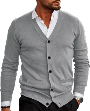 Men's V-Neck Cardigan Casual Slim Fit Long Sleeve Knit Coat Male Button Down Sweaters with Pockets