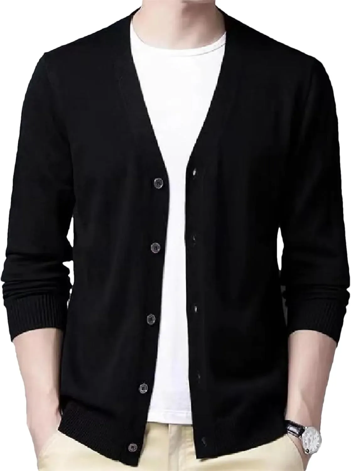 Men's V-Neck Casual Button Sweater Cardigan Autumn Winter Fashion Knit Jacket Classic Solid Sweater Cardigan