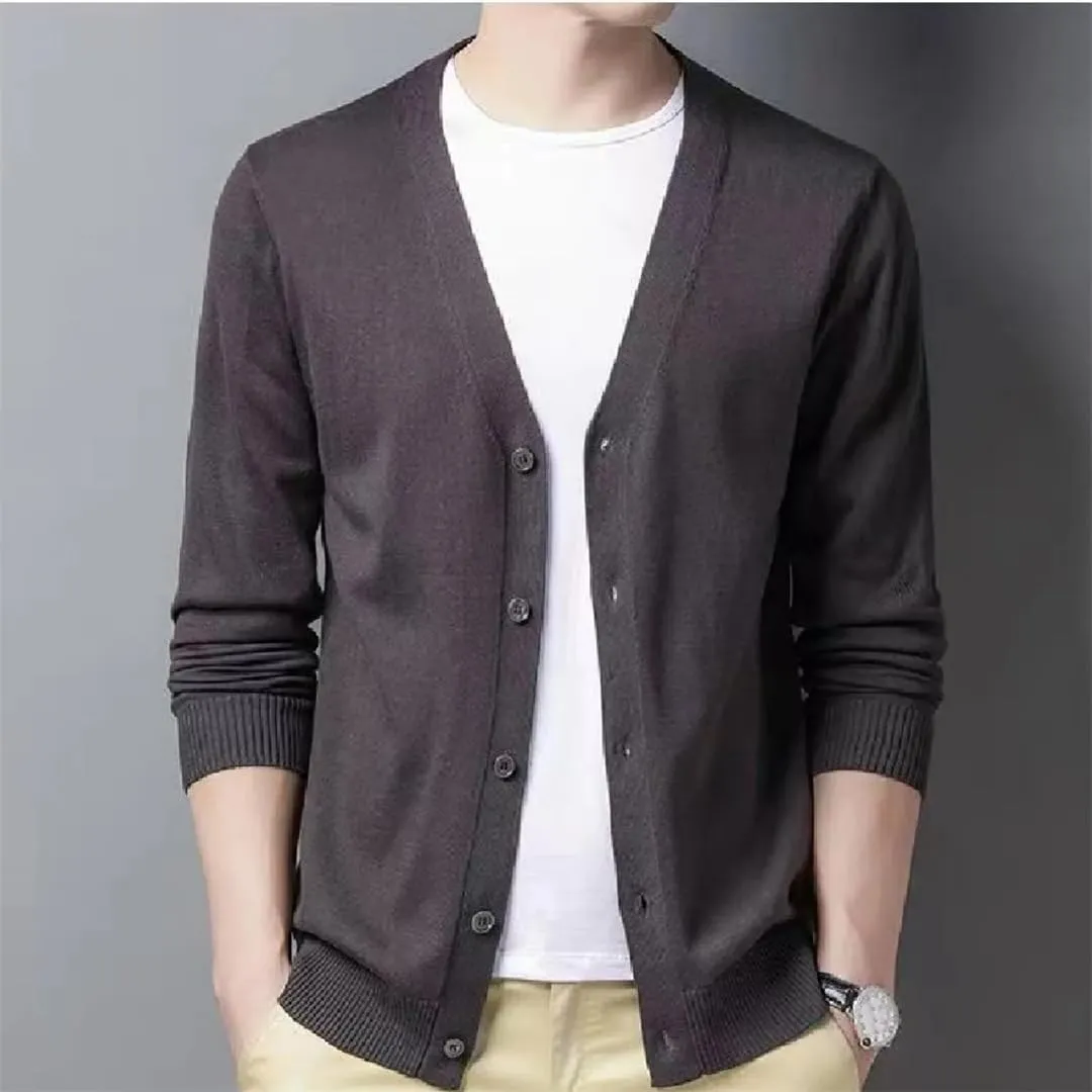 Men's V-Neck Casual Button Sweater Cardigan Autumn Winter Fashion Knit Jacket Classic Solid Sweater Cardigan