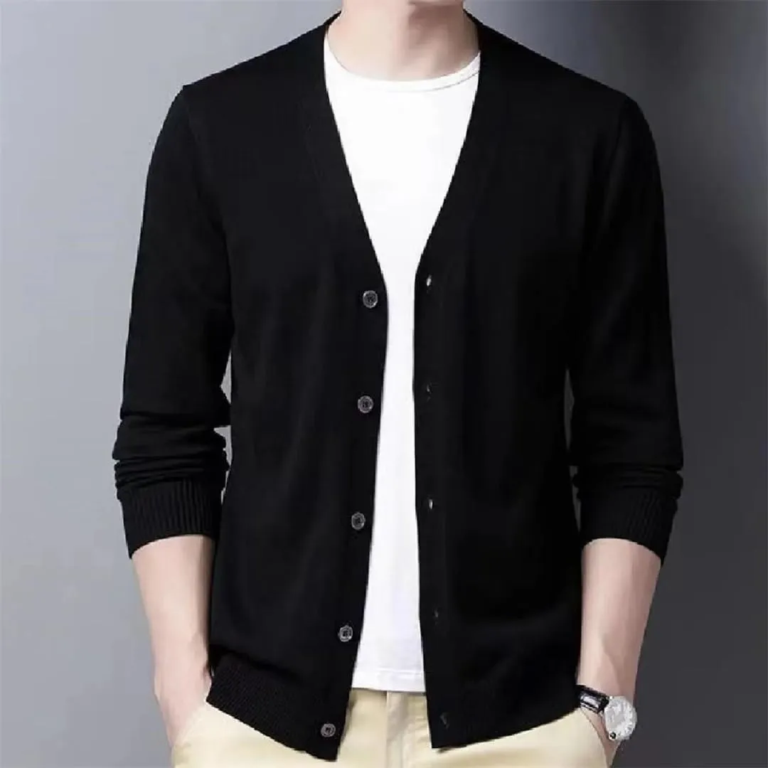 Men's V-Neck Casual Button Sweater Cardigan Autumn Winter Fashion Knit Jacket Classic Solid Sweater Cardigan