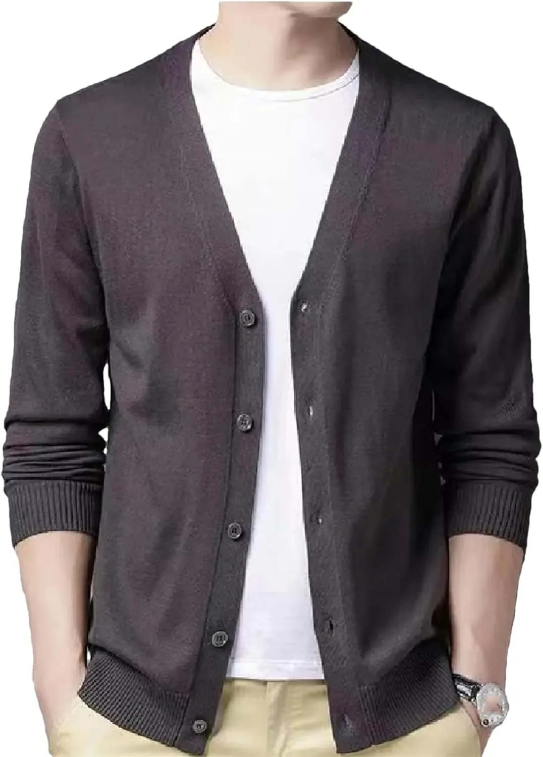 Men's V-Neck Casual Button Sweater Cardigan Autumn Winter Fashion Knit Jacket Classic Solid Sweater Cardigan